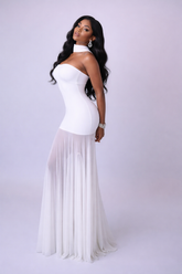 Robe bustier de luxe longue beige volant mousseline