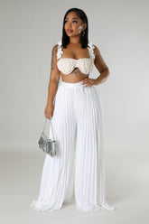 Ensemble deux pièces top court pantalon taille haute plisse beige