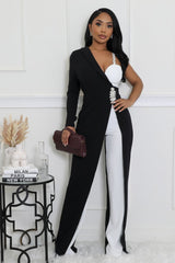 Combinaison extensible noir/blanc décolleté en cœur manche longue