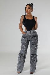 Jean cargo taille haute extensible