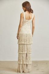 Robe longue à franges à plusieurs niveaux brodée de fleurs