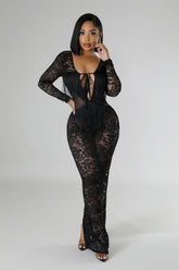 Robe dentelle sexy à manche longue stretch