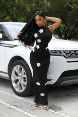 Robe sexy longue à manches courtes avec fleurs