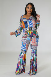 Ensemble multicolore pantalon bas large et chemise à manche longue