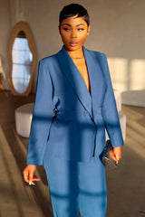 Ensemble veste blazer bleu a ceinture et pantalon