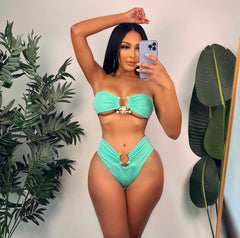 Maillot de bain 2 pieces vert à empiècement martelé