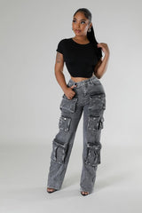 Jean cargo taille haute extensible