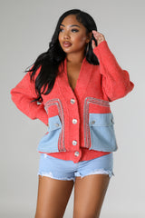 Cardigan extensible tricoté poche jean fermeture bouton