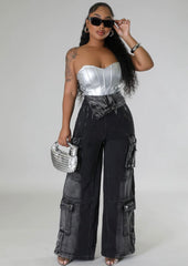 Jean taille haute bas large effet cargo noir