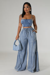 Pantalon jean large extensible taille haute ceinture élastique