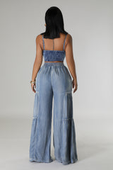 Pantalon jean large extensible taille haute ceinture élastique