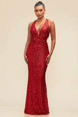 Robe longue de fête à paillettes Rouge strass