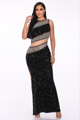 Ensemble deux pièces jupe et top court contrasté à panneaux pailletés avec strass