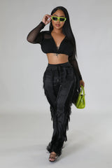 Pantalon taille haute ruché Franges avec cordon ceinture