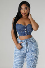 Top bustier en jean avec bouton devant
