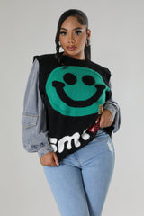 Pull chaud et doux manche longue en jean dessin smile