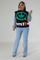Pull chaud et doux manche longue en jean dessin smile