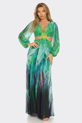 Robe longue découpée en mousseline imprimée