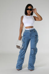 Pantalon jean taille haute ceinture élastique avec poche