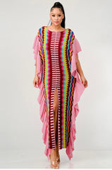 Robe tunique multicolore extensible tricoté Froufrous à encolure ronde