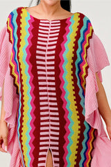 Robe tunique multicolore extensible tricoté Froufrous à encolure ronde