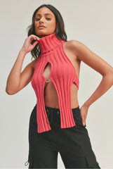 Top col roulé et ourlet incurvé sans manche côtelé