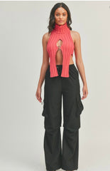 Top col roulé et ourlet incurvé sans manche côtelé