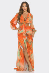 Robe longue imprimé froncée à anneau