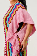 Robe tunique multicolore extensible tricoté Froufrous à encolure ronde