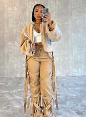 Pantalon cargo taille haute extensible bretelle réglable bas large