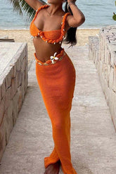 Ensemble Haut De Soutien-Gorge Tricoté Tissé Au Crochet Et Jupe Longue.