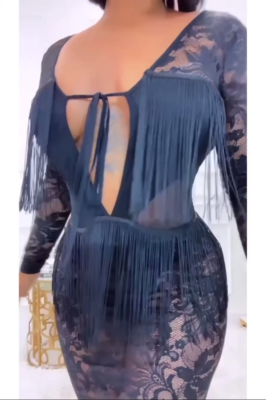 Robe dentelle sexy à manche longue stretch