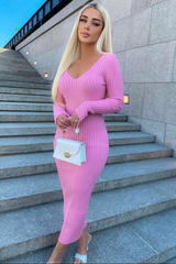 Robe longue Rose côtelé à manche longue