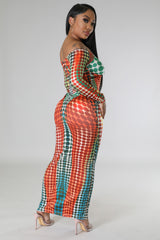 Robe longue extensible à manche longue hors épaule multi rouge