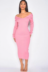 Robe longue Rose côtelé à manche longue