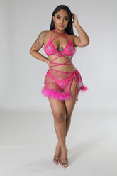 Lingerie ensemble deux pièces rose sexy avec fausses plumes