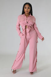 Ensemble deux pièces ADJA chemise rose et pantalon lin style cargo