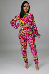 Ensemble legging et top Rose à manche longue effet froncé