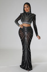 Ensemble Jupe longue avec top à manche longue à strass garni