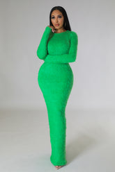 Robe longue demi-stretch à manche longue en maille floue vert
