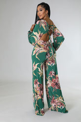 Salopette bas large à manche longue fleurie vert