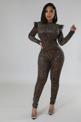 Combinaison velours effet tigre à manche longue avec fausse plumes 🪶