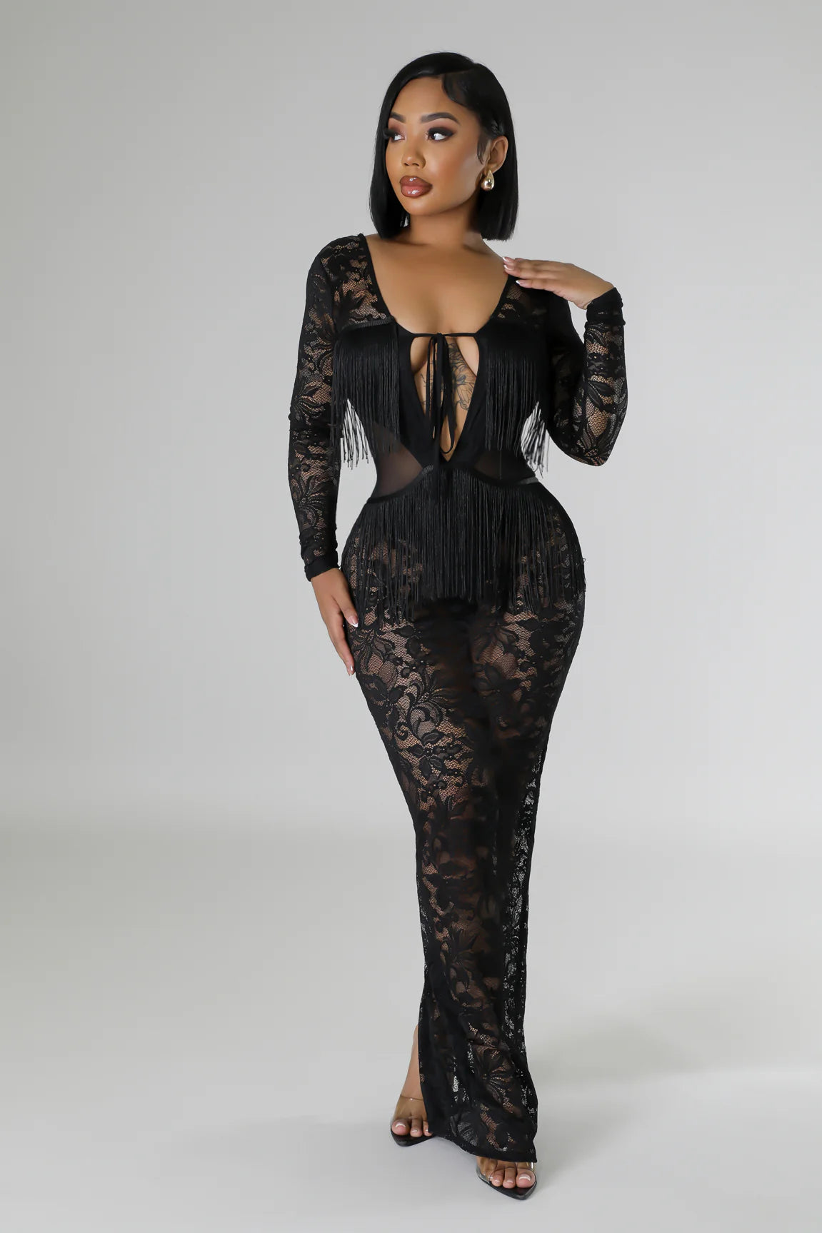Robe dentelle sexy à manche longue stretch