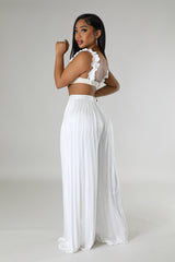 Ensemble deux pièces top court pantalon taille haute plisse beige