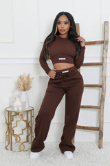 Ensemble pantalon extensible et top à manches longues effet jogging jambe large