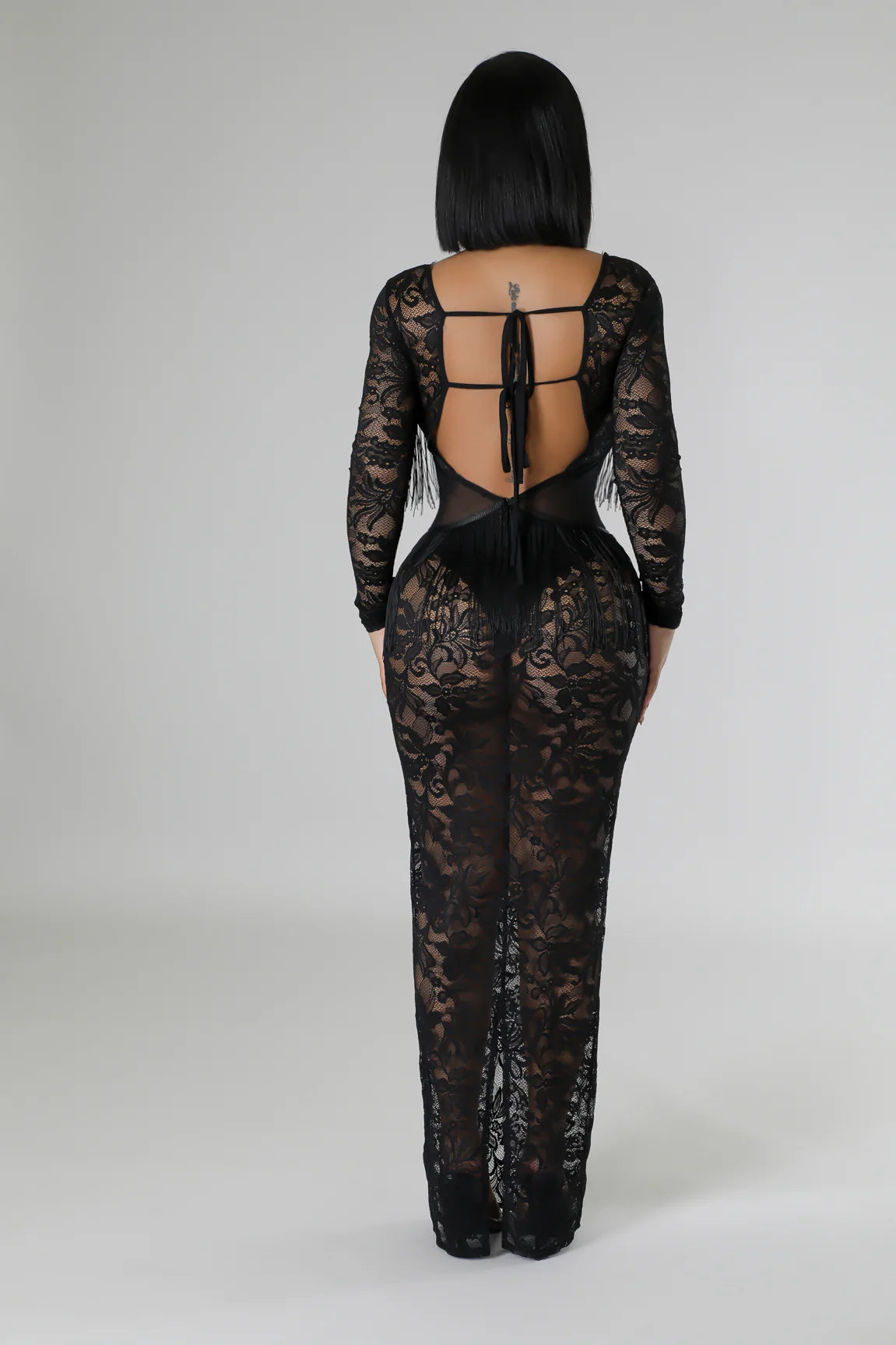 Robe dentelle sexy à manche longue stretch