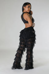 Pantalon maille taille haute avec volant