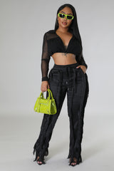 Pantalon taille haute ruché Franges avec cordon ceinture