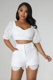 Ensemble short top dentelle blanc à manche courte