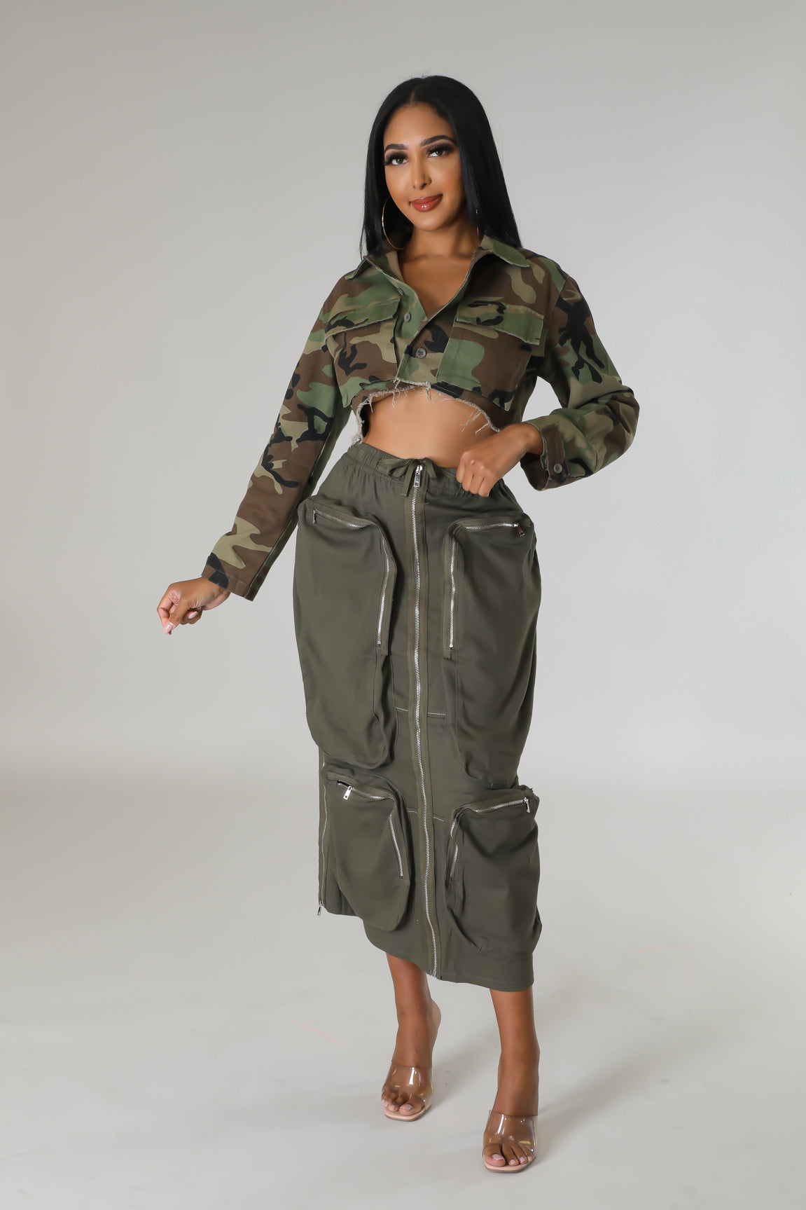 Jupe taille haute cargo Olive avec des poches